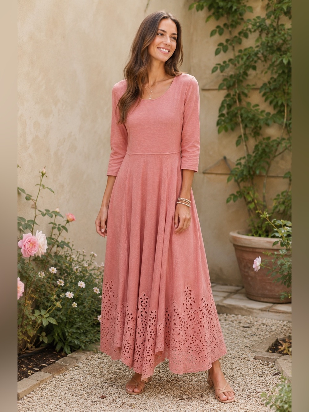 Soft Surroundings Pink Cotton Eyelet Hem Maxi Dress 3/4 Sleeve Boho Cottagecore